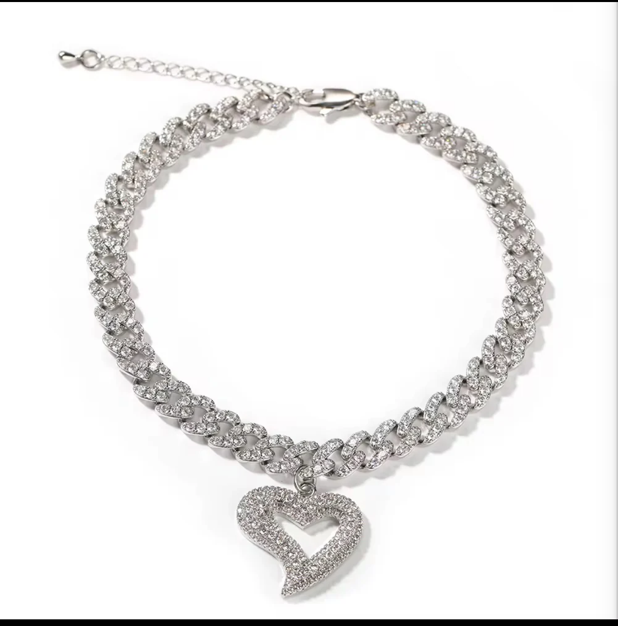 Silver heart Cuban anklet